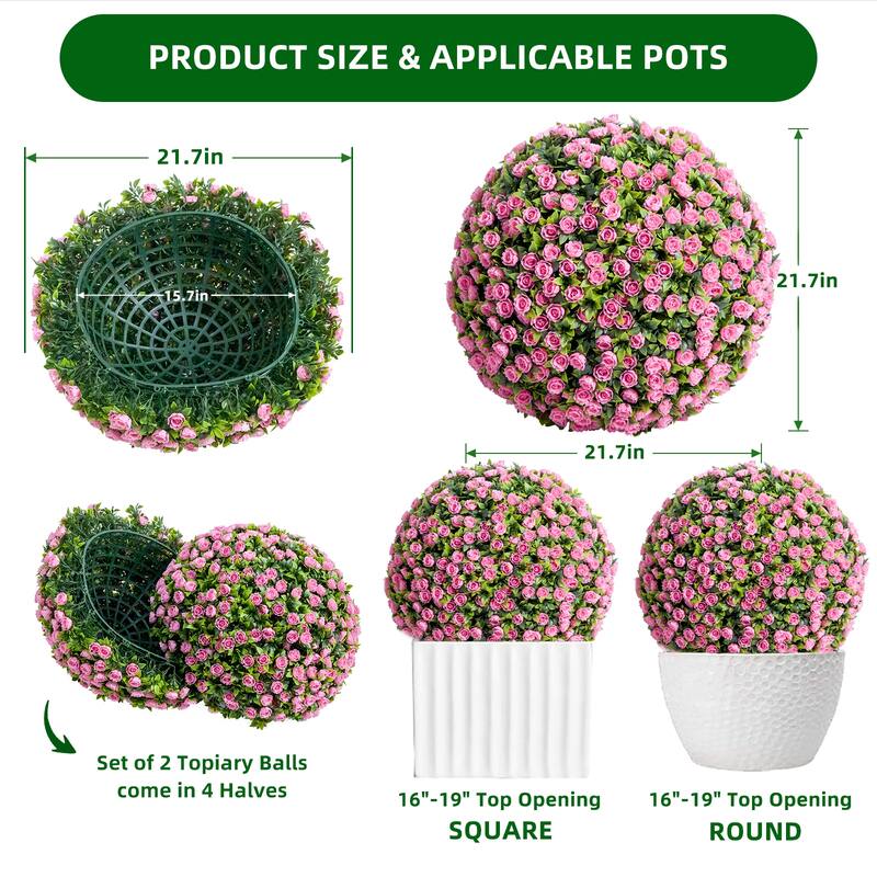 Flower Topiary Ball Decorative Balls 2PCS, Artificial Topiary Balls, for Outdoor Patio Garden and Indoor - pink 21.6in