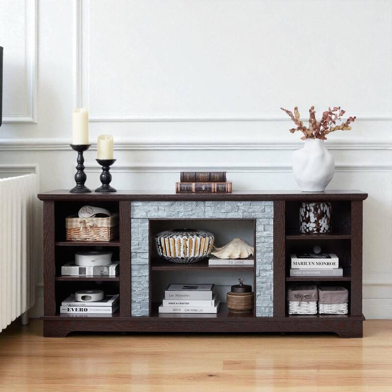 Mantel Stone 58" TV Stand with Faux Stacked Stone Surround, Modern Media Console with Open Storage & Cable Management