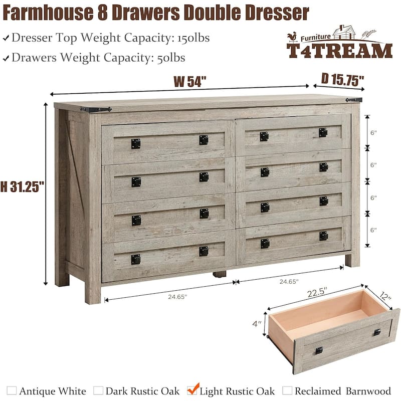Farmhouse 8 Drawers Wood Dresser Chests, Rustic Chset of Drawers