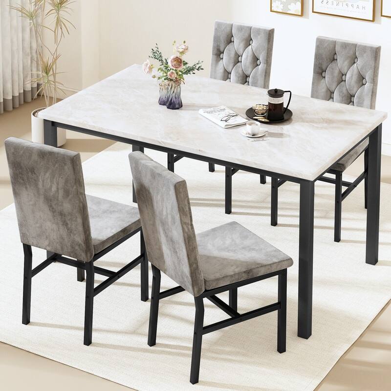Grondin 5-Piece Dininng Room Table Set with 4 Upholstered Dining Chairs, Faux Marble Top And Metal Frame Dining Table Set Of 5