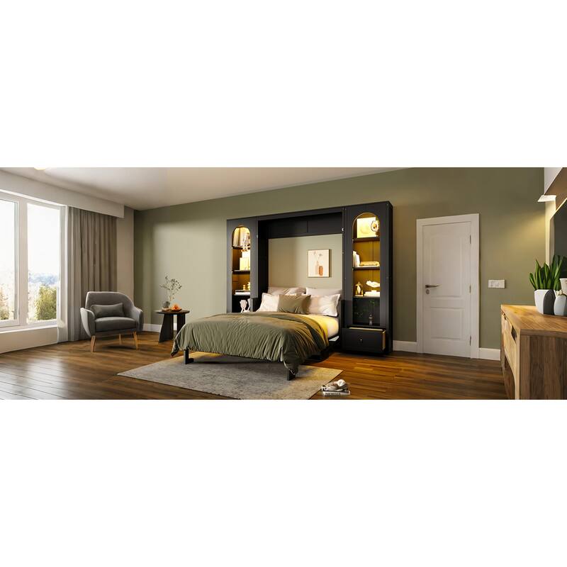 Roomfitters Queen Size Murphy Platform Bed with Side Cabinets and Drawers, LED Lights, Black