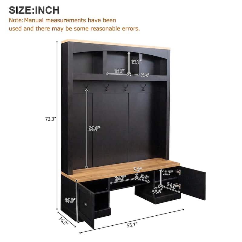 55.1 in Wide Farmhouse Hall Tree, Wood Grain Bench & Top, 4-in-1 Entryway Coat Rack with Adjustable Shelves