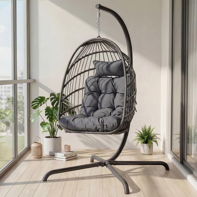Oversized 1-Person Foldable Hanging Egg Chair - Wicker Swing Chair with Stand, Portable for Indoor Outdoor Patio