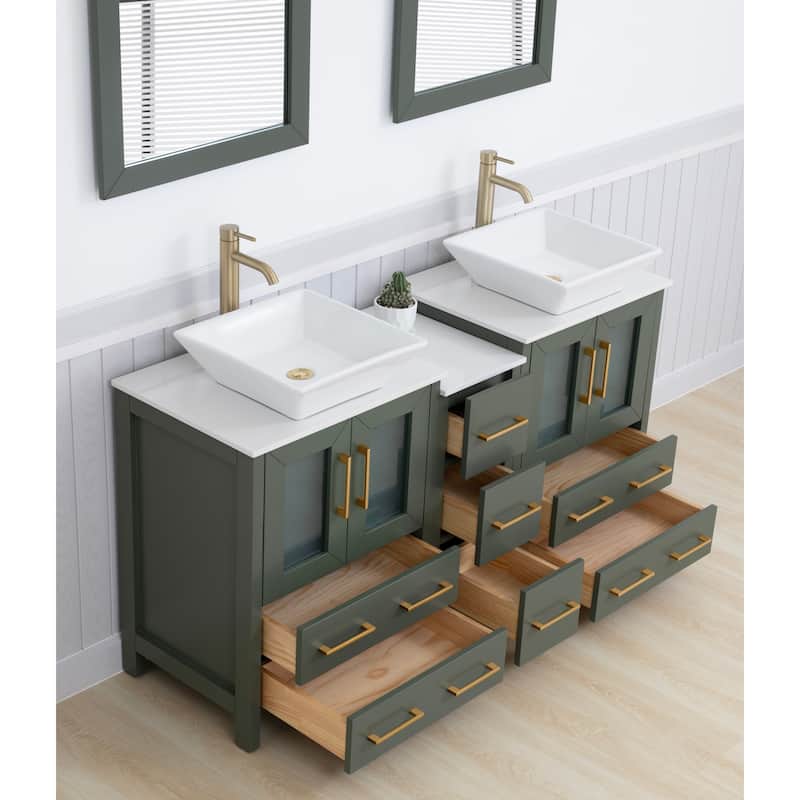 Vanity Art 60" Double Sink Bathroom Vanity Set with Engineered Marble Top and Free Mirror - 60 W X 18.5 D X 31.1 H