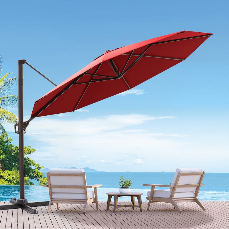 Outdoor 11 Ft Patio Cantilever Offset Umbrella with 360 Degree Rotation - Red