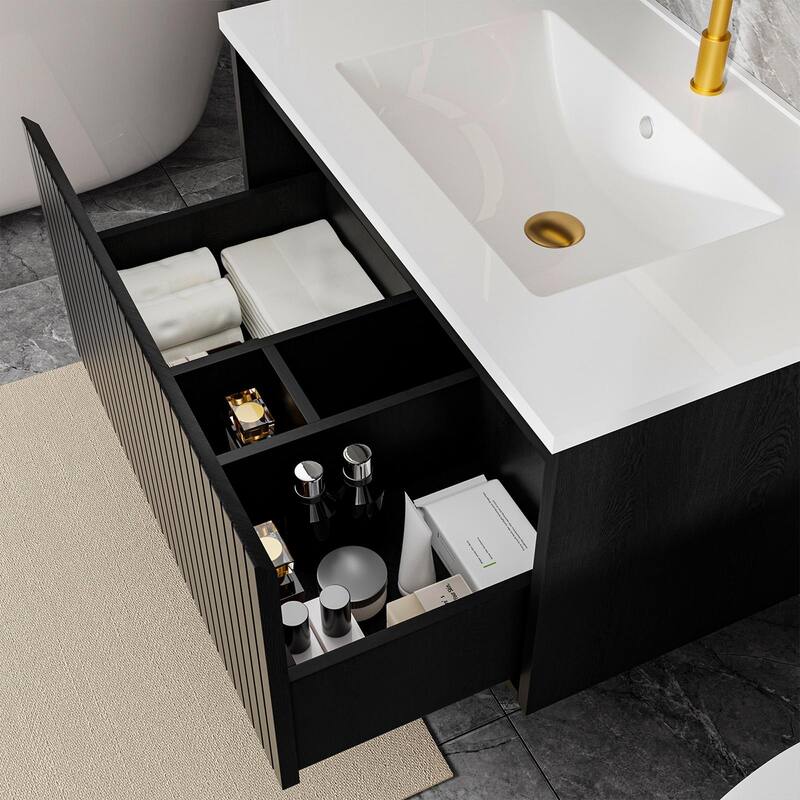 GDFStudio - Aero Modern Mid-Century Wall-Mounted Bathroom Vanity with Large Soft Close Drawer & Storage Spaces, WITHOUT Sink