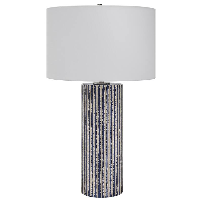 Glazed Stripe Table Lamp with Round Drum Shade - 27.5" - Blue and White