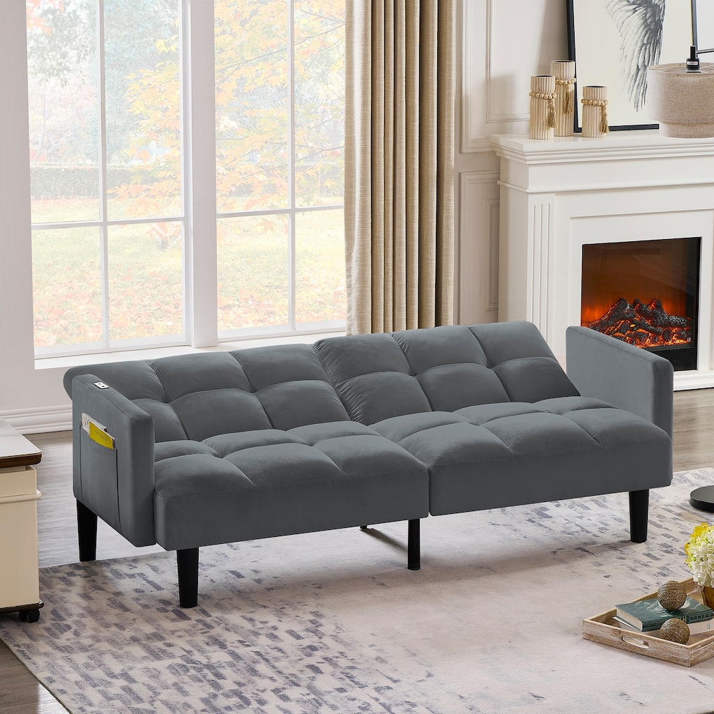 Velvet Futon Couch Sofa Lounge Sofa with Adjustable Backrest, Convertible Folding Sofa Bed Sleeper Sofa