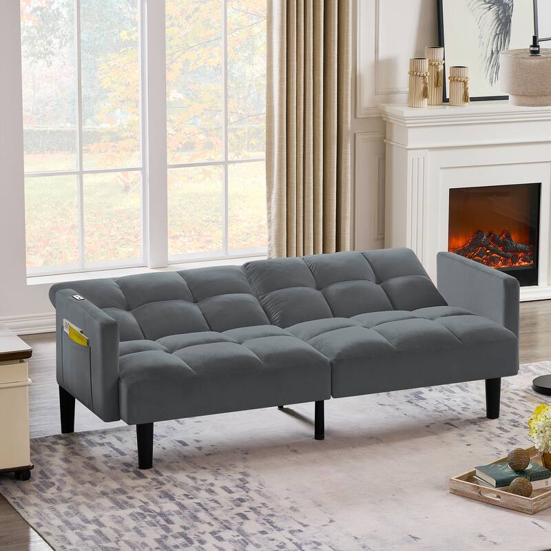 Versatile Adjustable Futon Couch Convertible Velvet Sleeper Sofa Bed with USB, Side Pockets, Chevron Tufting and Tapered Legs