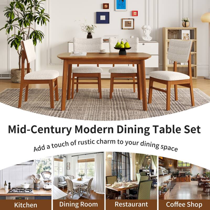 Farmhouse Dining Table Set for 4, Wood Kitchen Table & 4 Upholstered Chairs with Sturdy Rubber Wood Frame, Padded Seat