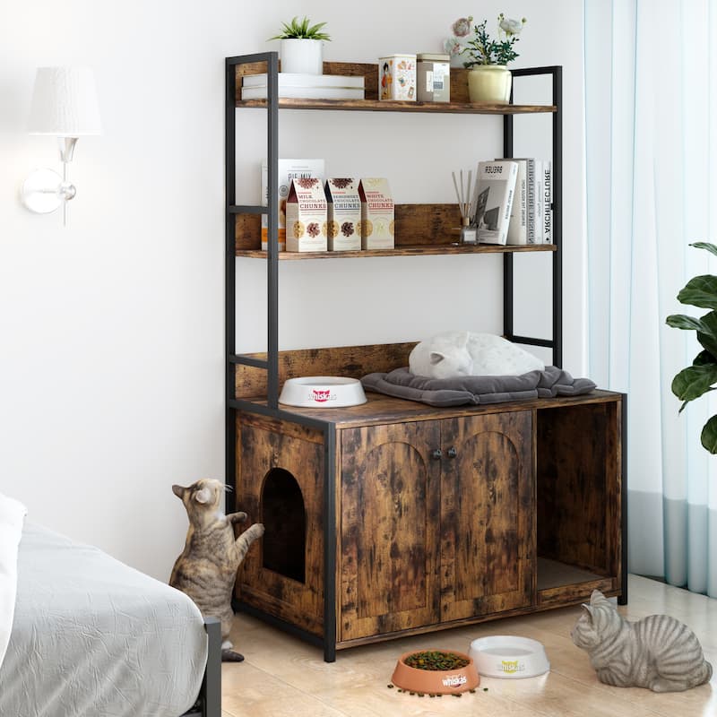 Cat Litter Box Enclosure With Shelf Storage, Hidden Cat Washroom Furniture With Scratch Pad, Indoor Cat Cabinet With 2 Doors