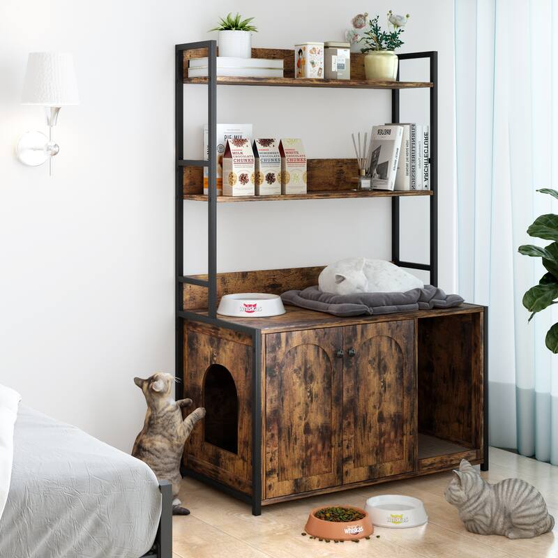 Multi-Functional Cat Litter Box Enclosure, Wooden Cat House with Scratch Pad and Shelf Storage