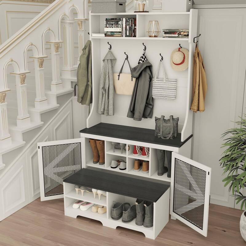 Gymojoy 77" Hall Tree with Bench & Shoe Storage, 4-in-1 Farmhouse Entryway Organizer for Mudroom, Hallway