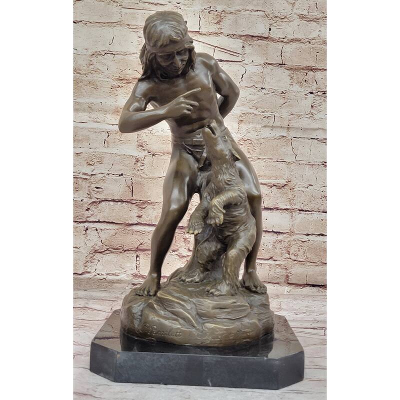 Native American Indian Shaman Taming A Bear - Bronze Sculpture Statue By P. Bartlett
