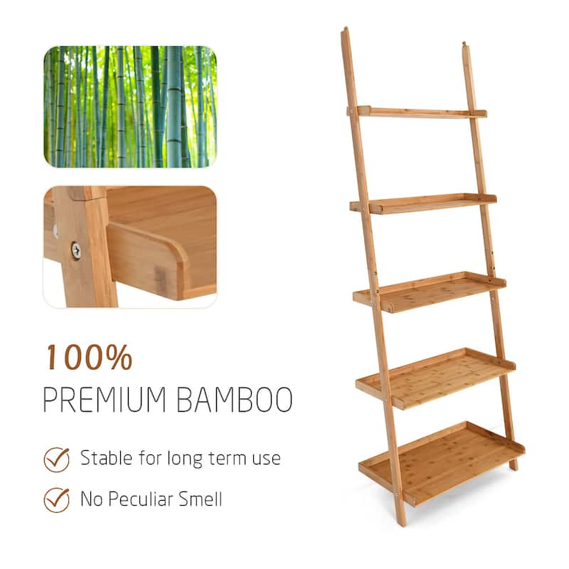 Costway 5-Tier Ladder Shelf Bamboo Bookshelf Wall-Leaning Storage - See Details