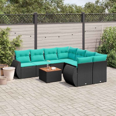 vidaXL 9 Piece Patio Sofa Set with Cushions Black Poly Rattan - 24.4x 24.4x 27.2