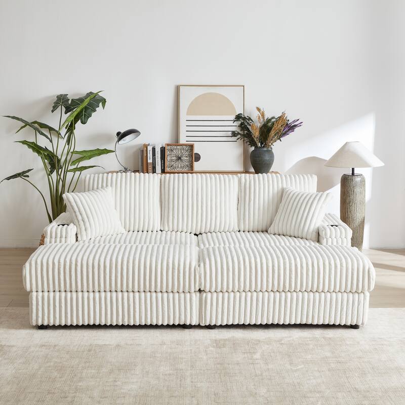 Deep Seat Sectional Loveseat Set with 2 Ottoman and 2 Pillows, Corduroy Chaise Lounge Bed with 2 Storage Spaces and Cupholding