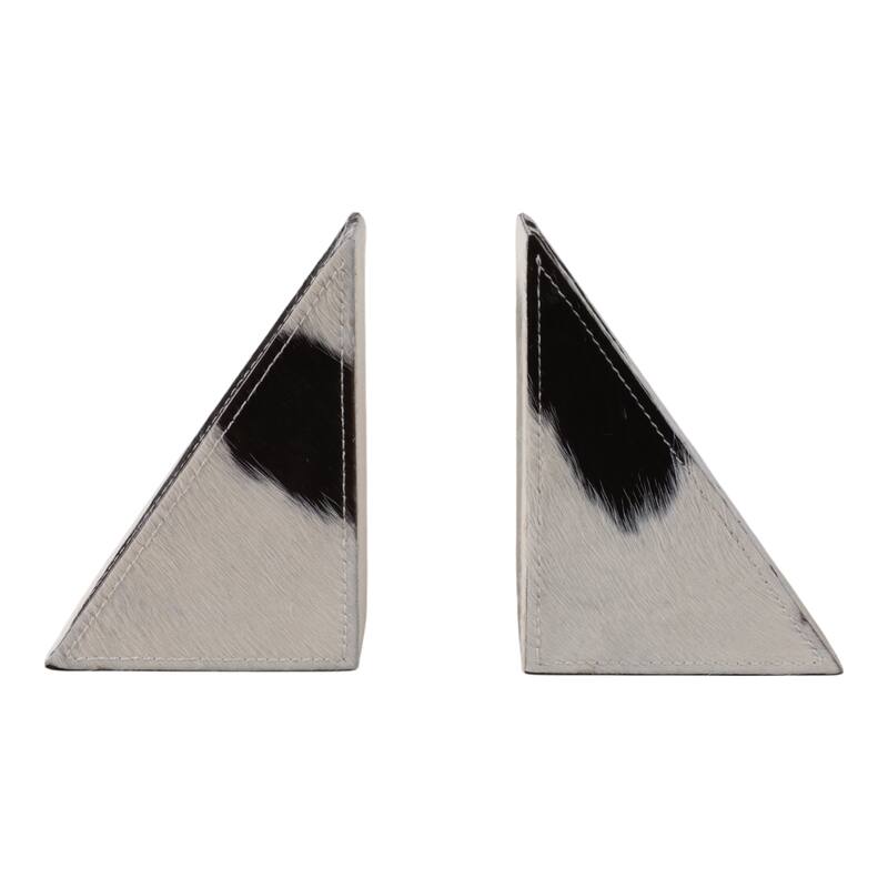 Leather Wood Bookends Cowhide Pattern Triangular (Set of 2) - 7" Ivory - 5.5" x 2.75" x 7" - Ivory - 5.5" x 2.75" x 7"