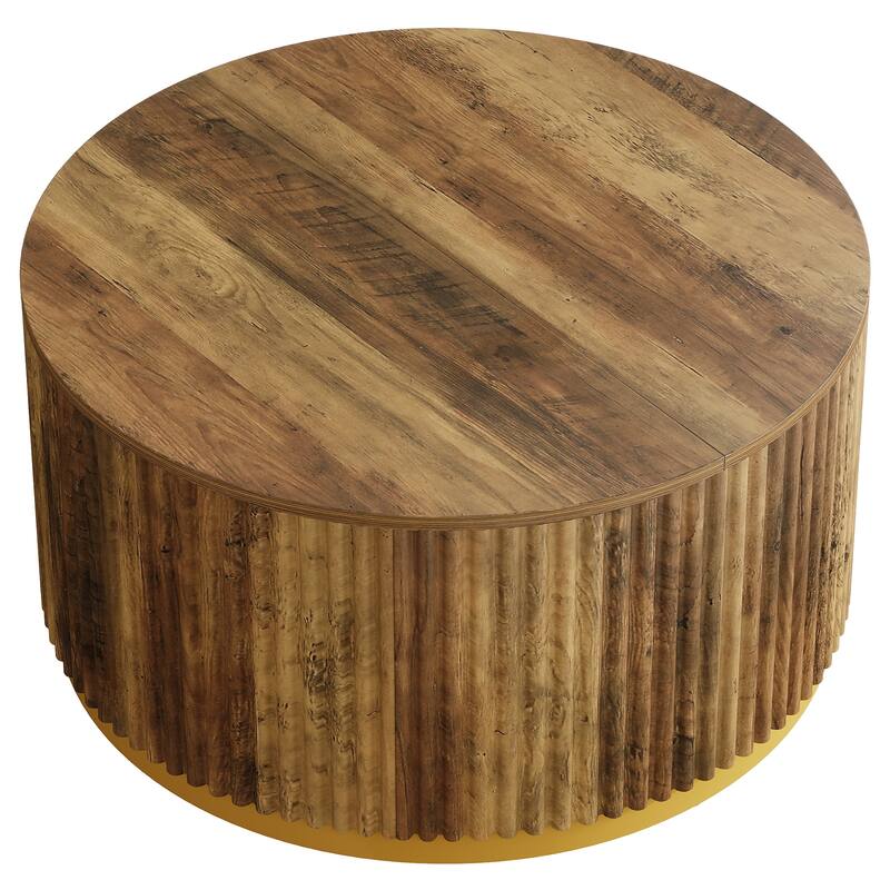 Round Coffee Table, Fluted Wooden Center Table, Mid Century Modern Table for Living Room or Office