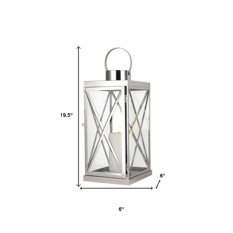 Set of Three Clear And Silver Glass And Stainless Steel Tabletop Lantern Candle Holders