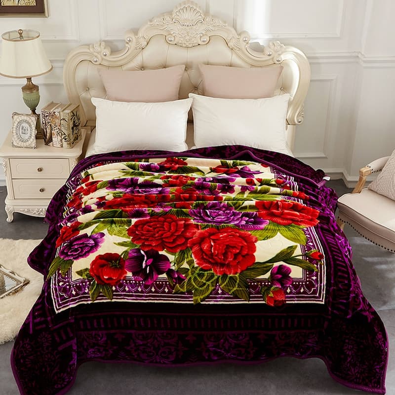 Heavy Crafted Thick Floral 9-pound Winter Fleece Blanket 85"x95" - Purple Rose