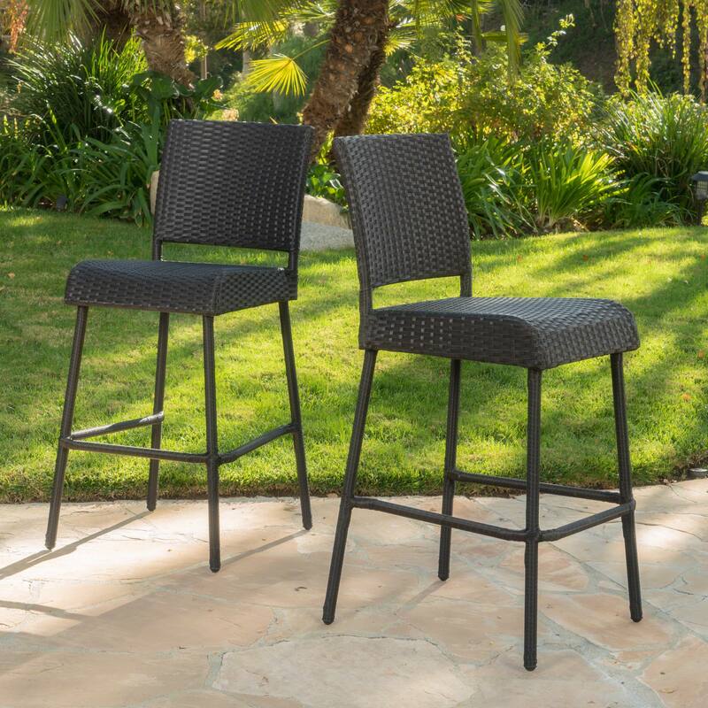 Set of 2 Wicker Bar Stool, Patio Outdoor High Chair, Cafe Counter Stool, Bistro Bar Chair, Island Chair, High Back Bar Stool
