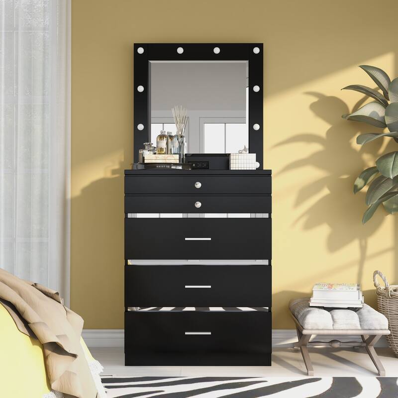 Furniture of America Mary Hollywood Glam Makeup Vanity Chest and Mirror with USBs & Outlets