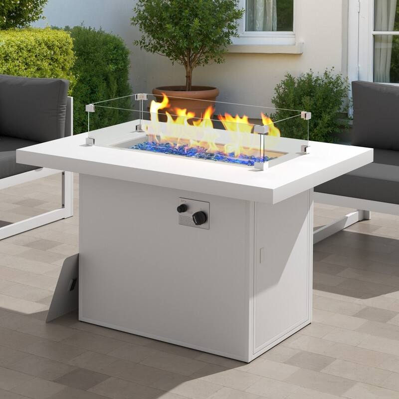 43" Outdoor Aluminum Gas Fire Pit Table, 60,000 BTU, Propane/Natural Gas, Glass Wind Guard - White