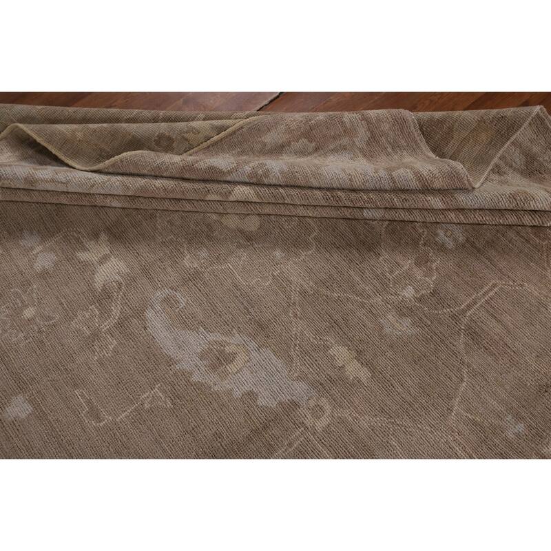 Brown Floral Oushak Vegetable Dye Area Rug Hand-Knotted Wool Carpet - 8'7"x 9'10"