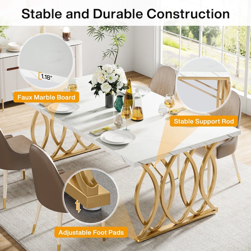 Modern Dining Table for 4-6 People, 63" Large Kitchen Table with Faux Marble Tabletop