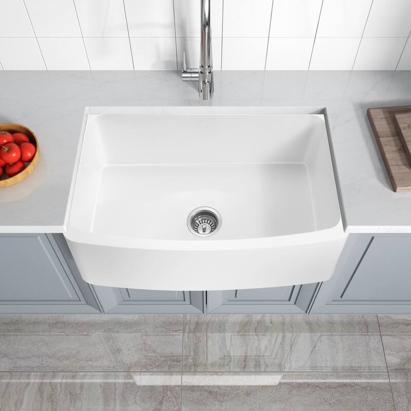 ANZZI Mesa Matte White Solid Surface Farmhouse 33 in. Single Bowl Kitchen Sink with Strainer