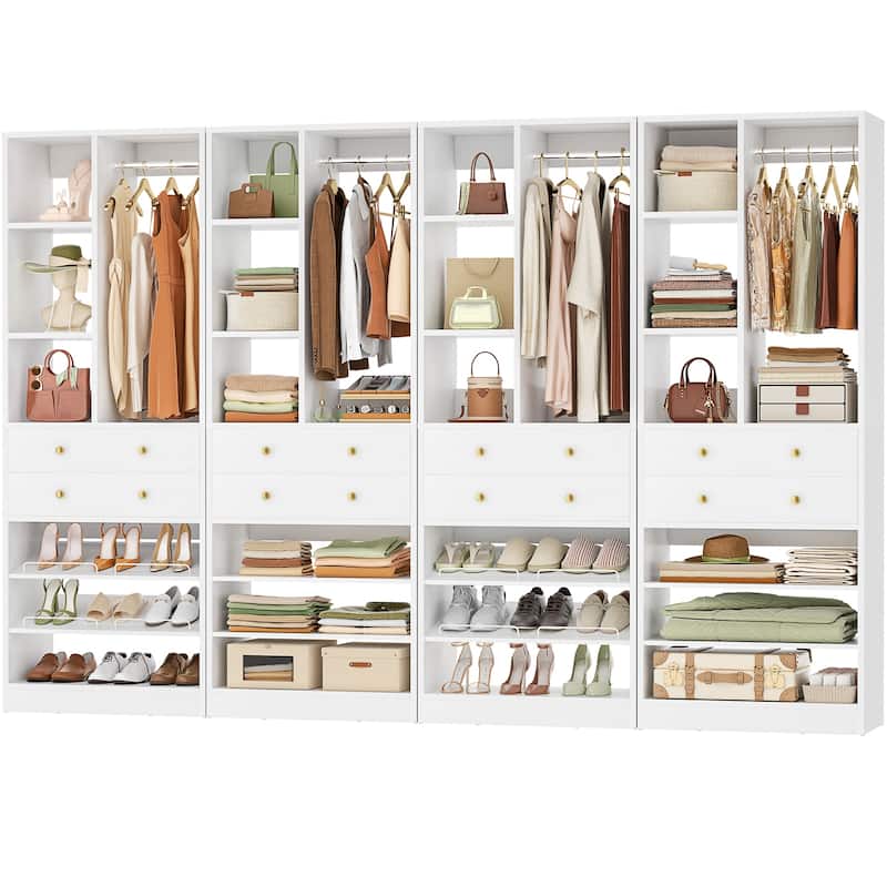 27.7'' Closet Organizer with Shoe Racks and Drawers, Closet System with Hanging Rod and Adjustable Shelves - White - 4pcs