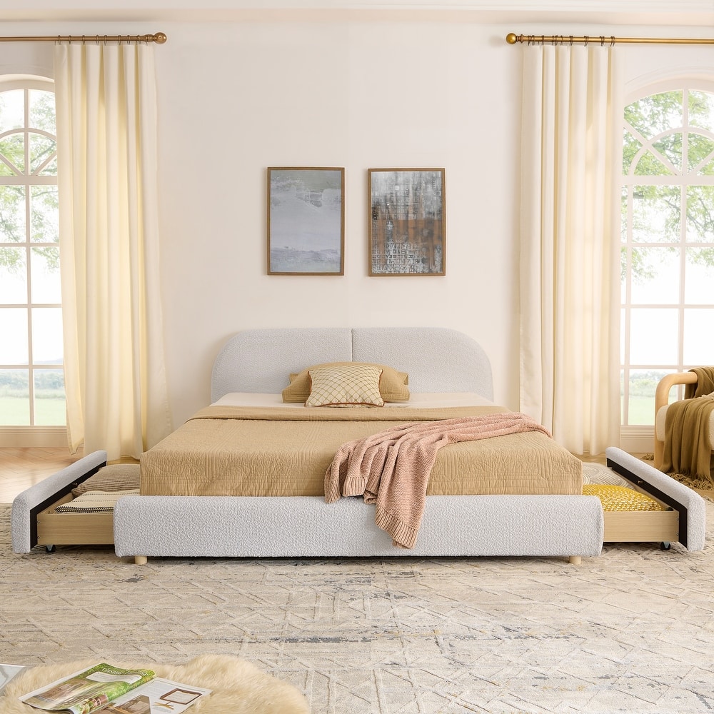 Fabric Upholstered Platform Bed Frame with Curved Headboard/4 Built-in Wheeled Storage Drawers/Sturdy Legs Support/Easy Assembly