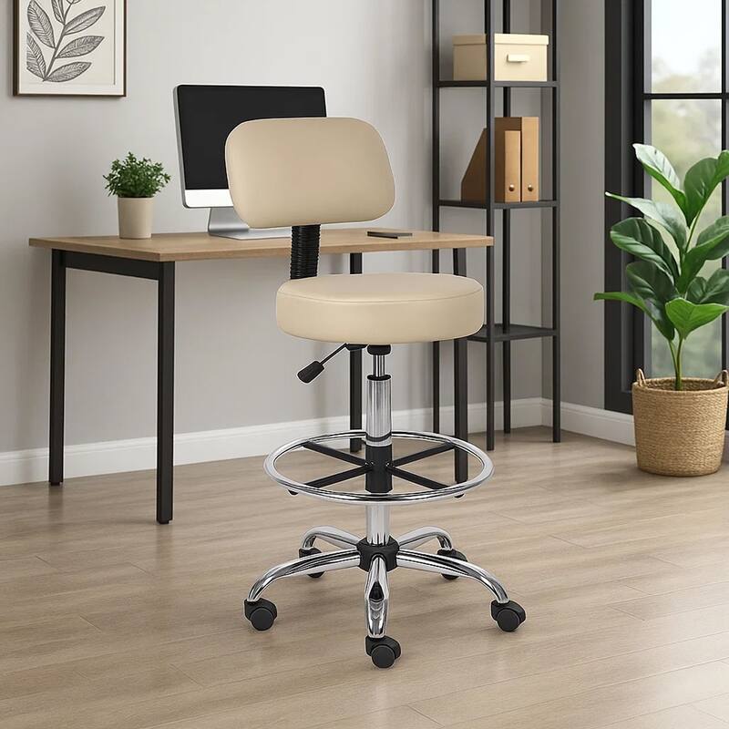 Fea Medical Drafting Stool, Beige Vinyl, Low Back and Padded Seat, Chrome