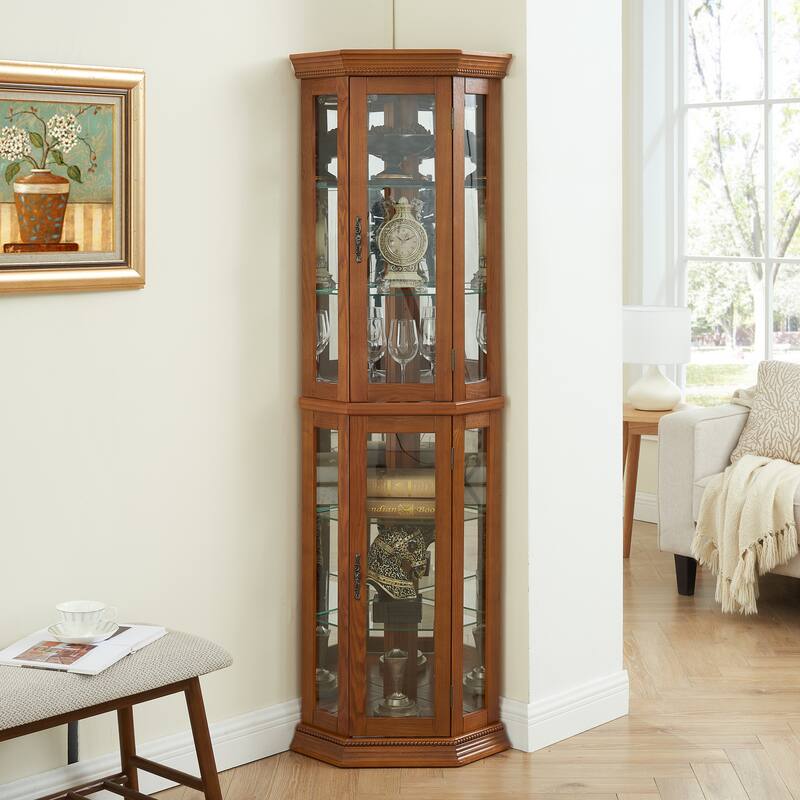 Elegant Lighted Corner Curio Cabinet with Adjustable Glass Shelves & Tempered Glass Doors for Display
