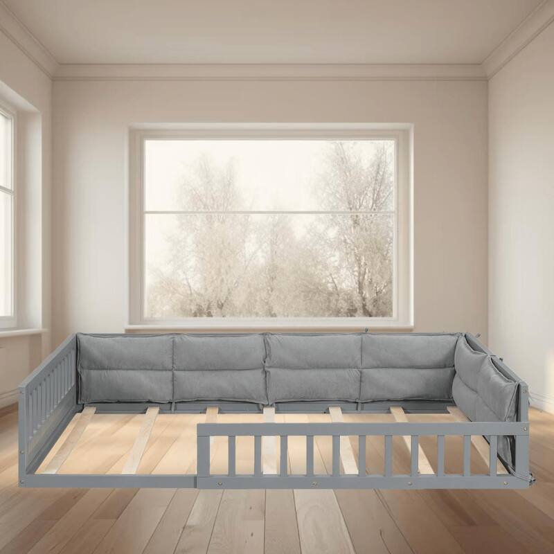 Full Size Upholstered Platform Bed Frame with Guardrail and Pillows, No Box Spring Required, Sturdy and Comfortable for Bedroom - Grey - Full