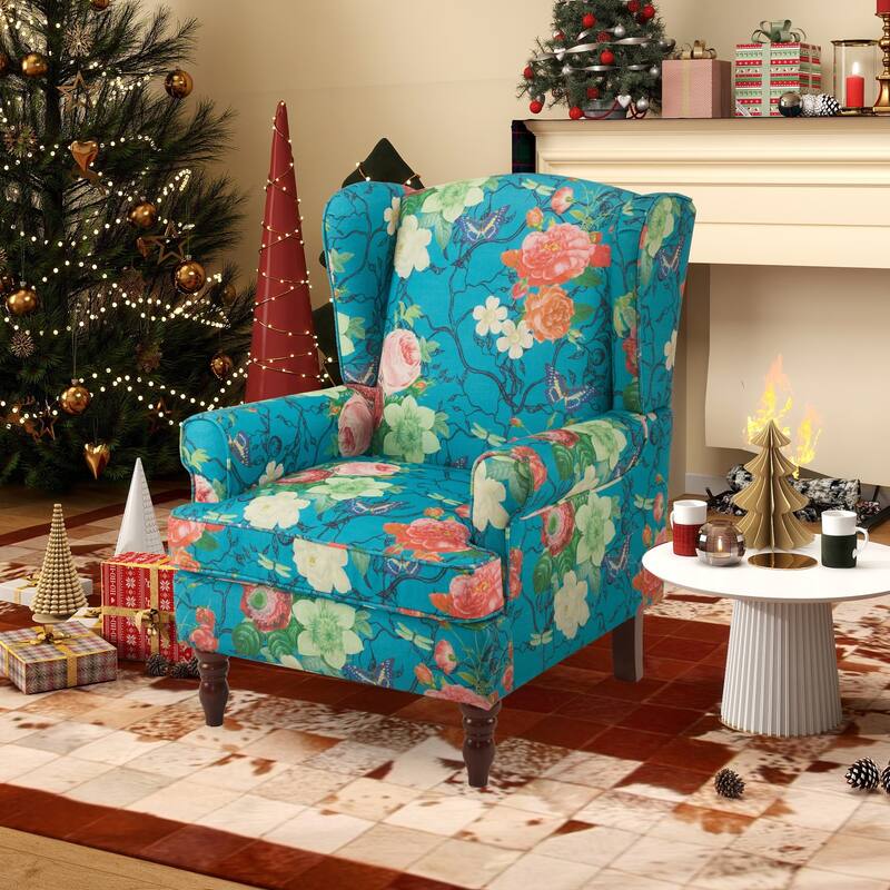 Erommy Wing back Arm Chair, Upholstered Fabric High Back Chair with Wood Legs