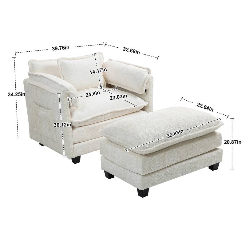 55" Oversized Single Sofa Chaise Lounge with Ottoman, Comfy Reading Chair Upholstered Sleeper Chair with Side Pockets