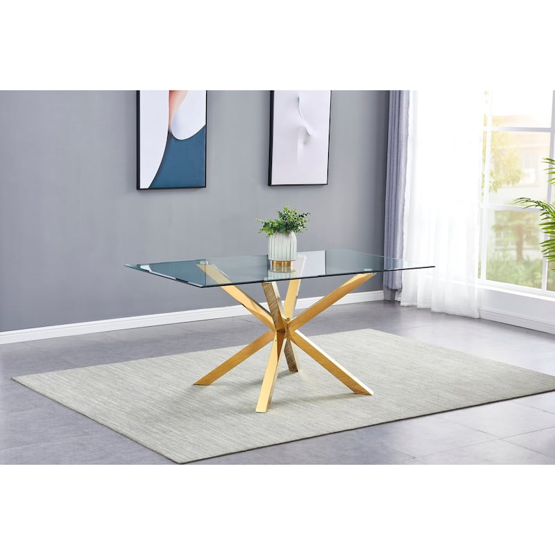 Best Quality Furniture Contemporary Gold Metal and Glass Dining Table - 63" L Rectangle