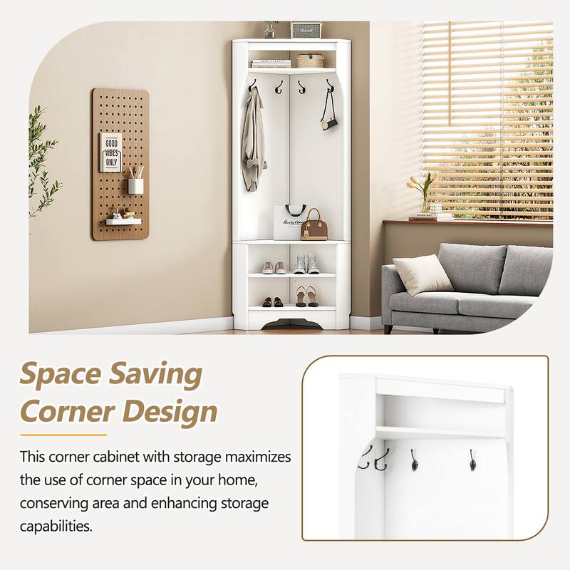 Space-Saving Corner Coat Rack with Shoes Storage Rack, Adjustable Shelf, and 4 Hooks for Hallway Entryway or Porch Organizer