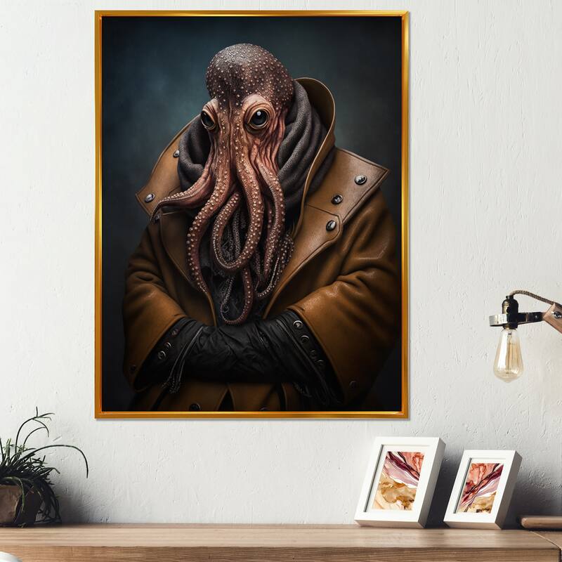 Designart "Anthropomorphic Of Octopus Portrait I" Animals Framed Canvas Art Print - 16 in. wide x 32 in. high - Gold