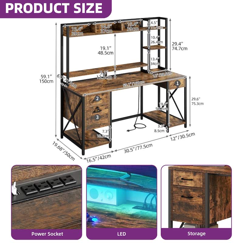 Moasis 59" Computer Desk with Hutch and Shelves, LED Gaming Desk with Monitor Stand
