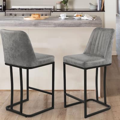 24 Inches Industrial Faux Leather Counter Height Bar Stools with Metal Frame Set of 2
