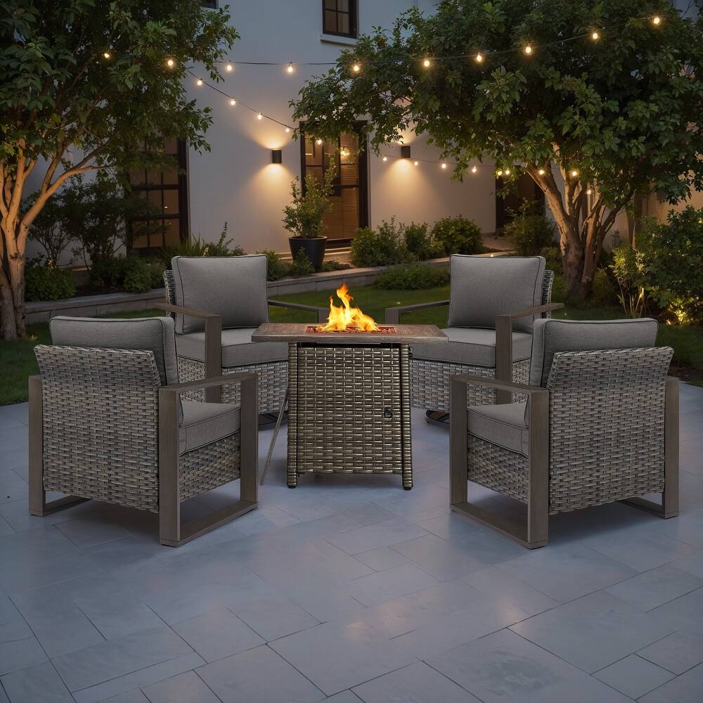 Meyreso 5-Piece Wicker Patio Conversation Set with Fire Pit & Plush 4.5" Olefin Cushions