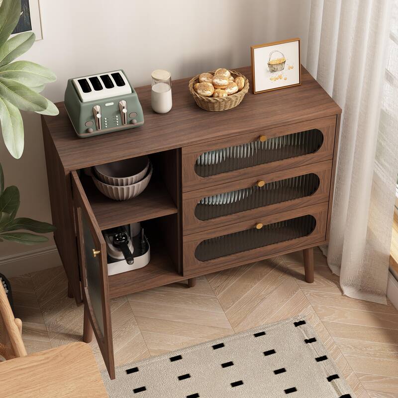 Accent Cabinet with 3 Drawers and Door, Wooden Storage Cabinet with Shelves, Sideboard for Living Room, Entryway, Natural