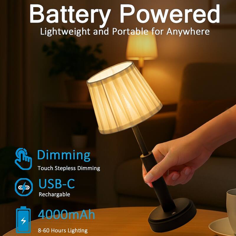 Modern Rechargeable LED Table Lamp with Fabric Shade Classic Touch Control USB Cordless Nightstand Light for Bedroom - W6''