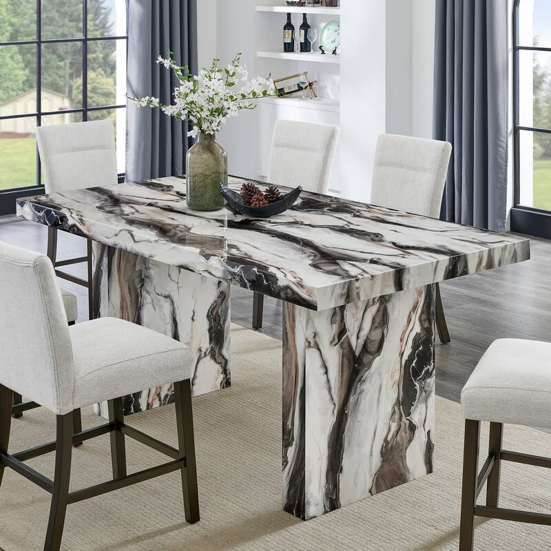 Roundhill Furniture Cavira 7-Piece Modern Faux Marble Dining Set, Counter Height Table with 6 Upholstered Chairs