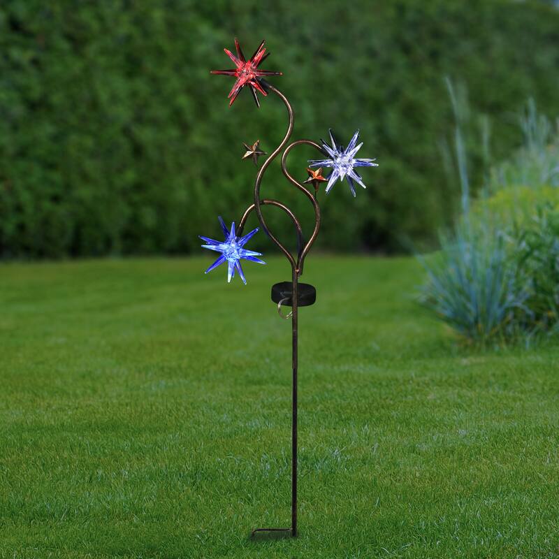 Exhart Solar Patriotic Triple Starburst Garden Stake in Red, White, and Blue with Three LED Lights, 11 by 33 Inches