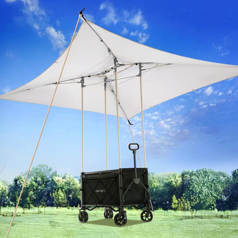 Foldable Camping Cart with Adjustable Handle, Bamboo Tabletop, Foldable storage, and Waterproof Oxford Canopy