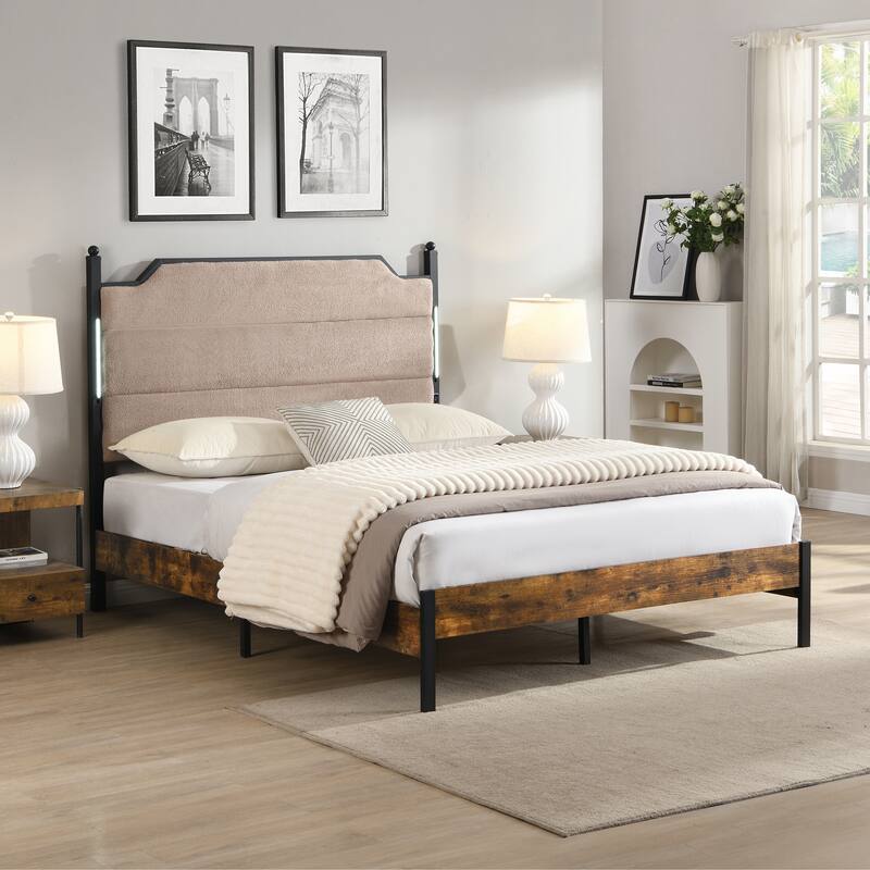 King Bed Frame, Upholstered headboard with Charging and Touch sensitive LED Lights, Under Bed Storage, No Box Spring Needed